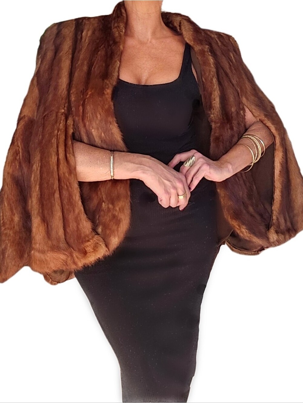 Genuine Vintage Mahogany Cognac Mink Fur Cape Jacket 1960's Scalloped Design